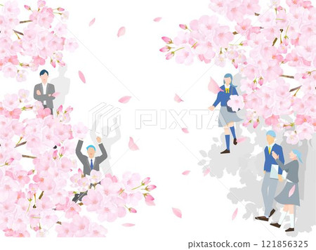 Cherry blossoms seen from above and male and female students - light and shadow - full body - graduation and enrollment - cherry blossoms falling background vector illustration material 121856325