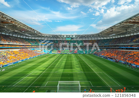 Spectators enjoy a European football match at a vibrant stadium under a clear blue sky Spectators enjoy a European football match at a vibrant stadium under a clear blue sky 121856348