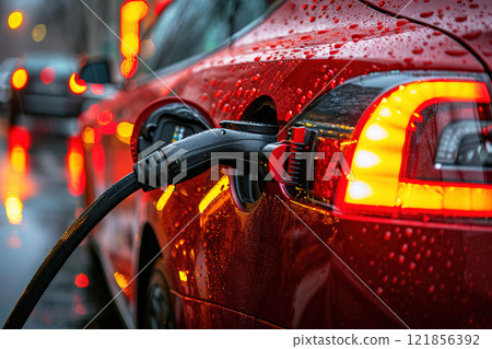 Electric vehicle charging technological modern device at the station for accumulators. Ecological green energy alternative. Electric vehicle charging technological modern device at the station for accumulators. Ecological green energy alternative. 121856392