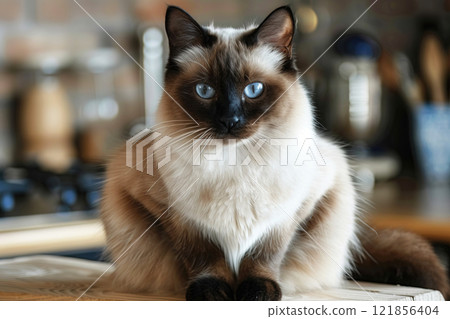 Burmese cat pet, beautiful fur purebred pedigree in home apartment on bed. Burmese cat pet, beautiful fur purebred pedigree in home apartment on bed. 121856404