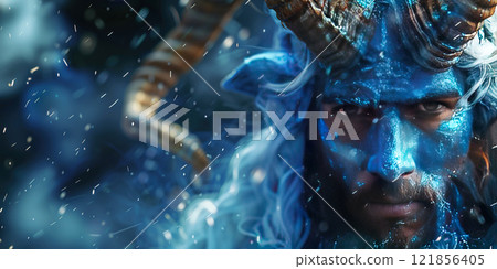 Capricorn with horns, fur symbol of constellation of zodiac horoscope of east, blue fiery neon background. 121856405