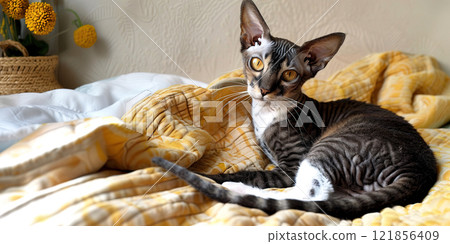 Cornish Rex cat pet, beautiful fur purebred pedigree in home apartment on bed. 121856409