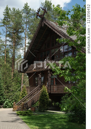 Druskininkai, Lithuania 28 may 2022. Girios Echo Museum main building made of wood. Druskininkai, Lithuania 28 may 2022. Girios Echo Museum main building made of wood. 121856452