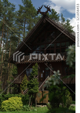 Druskininkai, Lithuania 28 may 2022. Girios Echo Museum main building made of wood. Druskininkai, Lithuania 28 may 2022. Girios Echo Museum main building made of wood. 121856453