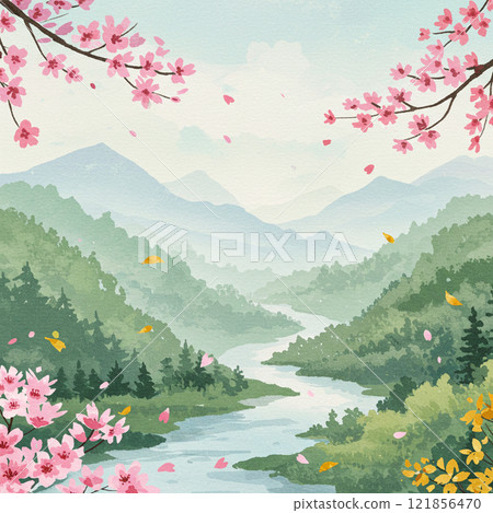 春天的山景與舞動的櫻花（水彩風格） 121856470