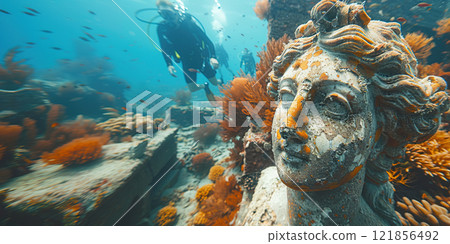 Diving professional sunken city civilization, scuba diver archaeologist among the ruins of columns and statues with colorful corals and fish. 121856492