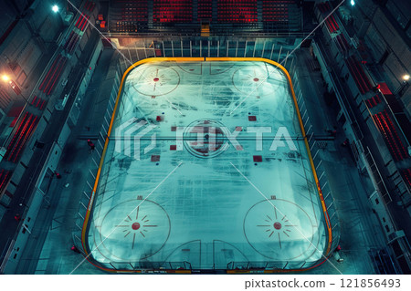 Aerial view of a well lit ice hockey stadium with empty spectator seats before the match 121856493