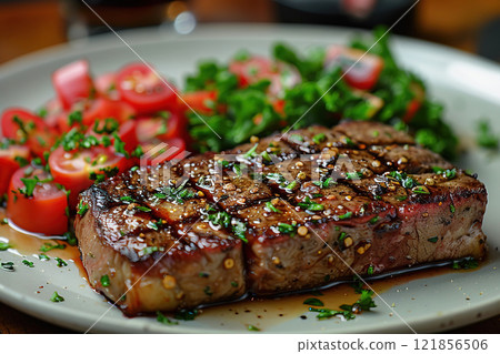 Enjoying a delicious steak served with fresh tomatoes and greens at a fine dining restaurant 121856506