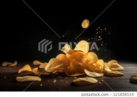 Potato chips cascading down in a photorealistic display on a wooden surface at nighttime 121856514
