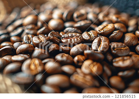 Coffee beans close-up macro, brown black caffeine ingredient texture. 121856515