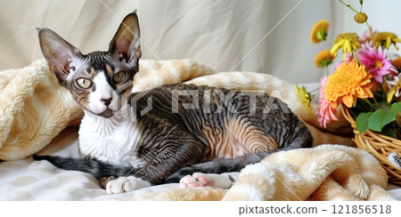 Cornish Rex cat pet, beautiful fur purebred pedigree in home apartment on bed. 121856518