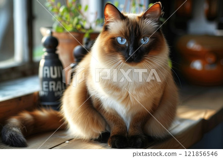 Burmese cat pet, beautiful fur purebred pedigree in home apartment on bed. 121856546