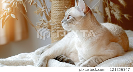 Burmilla cat pet, beautiful fur purebred pedigree in home apartment on bed. 121856547