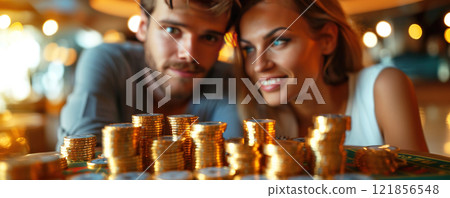 Couple celebrating casino success with gold coins and white dice at a lively gaming table. Header banner mockup with copy space. 121856548