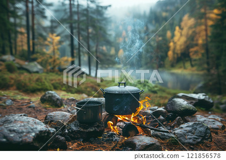 A cozy camping tent surrounded by a serene forest with a pot simmering over a campfire 121856578
