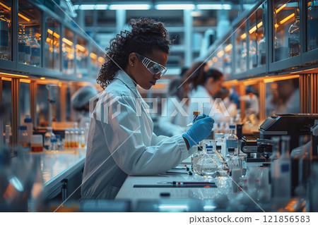 Scientists conducting teleportation experiments in a modern laboratory environment 121856583
