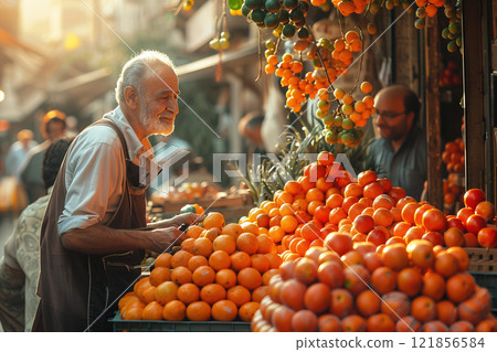 European market stall with tropical fruits fresh colorful produce. A cheerful emigrant trader. European market stall with tropical fruits fresh colorful produce. A cheerful emigrant trader. 121856584