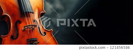Close up view of a classic violin showcasing its beautiful craftsmanship and elegant design. Header banner mockup with copy space. 121856586
