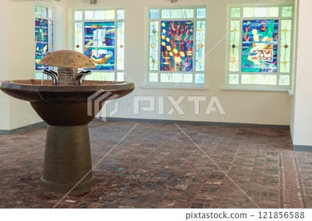 Druskininkai mineral water intake , a fountain from which health mineral water flows. Druskininkai Physiotherapy Park, Lithuania. Druskininkai mineral water intake , a fountain from which health mineral water flows. Druskininkai Physiotherapy Park, Lithuania. 121856588