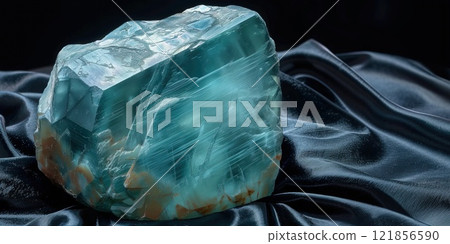 Grandidierite stone displayed on luxurious black velvet surface with dramatic lighting. Header banner mockup with copy space. 121856590