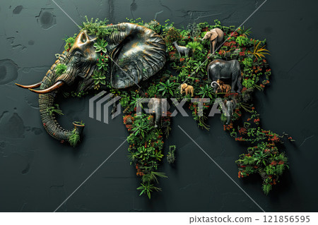 Volumetric toy map with trees, animals surrounded by oceans, continental cartography. 121856595