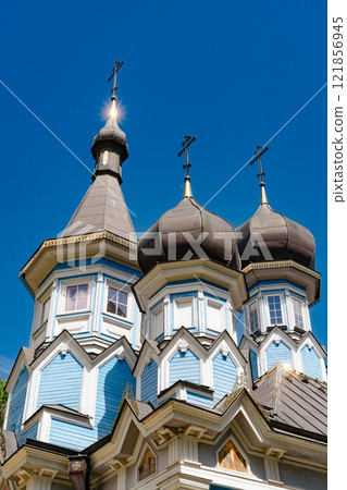 A very old historic blue church in Druskininkai. Orthodox Joy of All Who Sorrow church at the center of Druskininkai, Lithuania. A very old historic blue church in Druskininkai. Orthodox Joy of All Who Sorrow church at the center of Druskininkai, Lithuania. 121856945