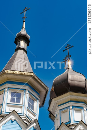 A very old historic blue church in Druskininkai. Orthodox Joy of All Who Sorrow church at the center of Druskininkai, Lithuania. 121856946