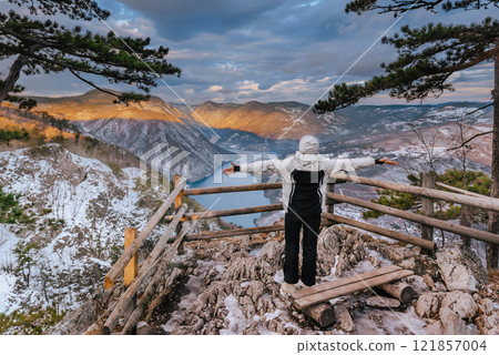 Woman Tourist on Banjska Stena Viewpoint in Winter Woman Tourist on Banjska Stena Viewpoint in Winter 121857004