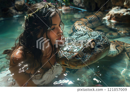 Adam and Eve with the serpent tempter in the garden of paradise with apples with a lake. Christian religious legendary story. Adam and Eve with the serpent tempter in the garden of paradise with apples with a lake. Christian religious legendary story. 121857009