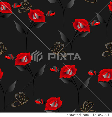Seamless pattern with roses and butterflies on a black background. Seamless pattern with roses and butterflies on a black background. 121857021