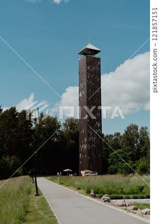 Birstonas tallest observation tower in the whole Lithuania. Made of metal construction and wood With a height of 51 m. Birstonas, Lithuania July 25.2022 Birstonas tallest observation tower in the whole Lithuania. Made of metal construction and wood With a height of 51 m. Birstonas, Lithuania July 25.2022 121857151