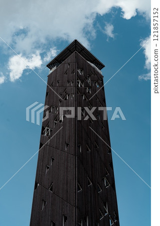 Birstonas tallest observation tower in the whole Lithuania. Made of metal construction and wood With a height of 51 m. Birstonas, Lithuania July 25.2022 121857152
