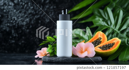 a wide white bottle, against a background of cut papayas, leaves and papaya flowers 121857197