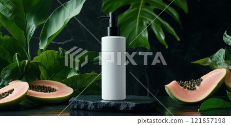 a wide white bottle, against a background of cut papayas, leaves and papaya flowers 121857198