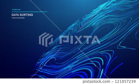Dynamic digital contour lines flowing across a blue background for technology representation 121857239