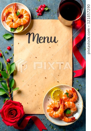 Romantic composition with inscription Menu for cafes, canteens, restaurants for Valentine's Day with a glass of wine, shrimp with lemon and red rose on blank brown paper Romantic composition with inscription Menu for cafes, canteens, restaurants for Valentine's Day with a glass of wine, shrimp with lemon and red rose on blank brown paper 121857290