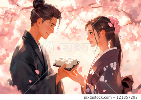 Young Japanese man gives white chocolate to his girlfriend. White day, romance, sakura 121857292