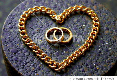 Gold chain folded in shape of heart with pair of rings inside on blue stone. Valentine's Day, wedding, engagement. Jewelry 121857293