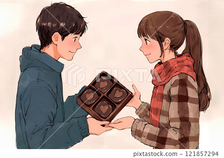 Young Japanese girl gives dark chocolate to her boyfriend. Valentine's Day, romance, traditions. Comic book style 121857294