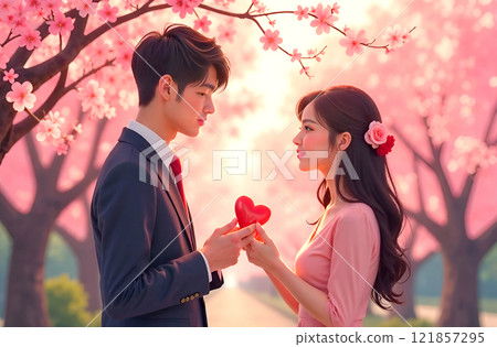 Young Asian couple under sakura blossoms with heart in their hands. Valentine's Day 121857295