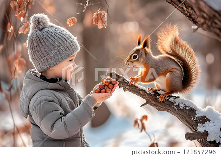 Boy feeds nuts to squirrel in winter forest. Random Acts of Kindness Day. Caring for animals, teaching kindness 121857296