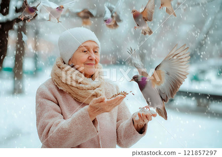 An elderly woman feeds seeds to birds on winter snowy day. Random Acts of Kindness Day. Caring for animals An elderly woman feeds seeds to birds on winter snowy day. Random Acts of Kindness Day. Caring for animals 121857297