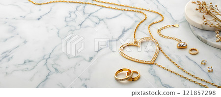 Gold jewelry composition for Valentine's Day. Rings, chains in shape of heart lie on marble. Copy space, for text Gold jewelry composition for Valentine's Day. Rings, chains in shape of heart lie on marble. Copy space, for text 121857298