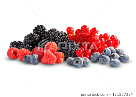 A pile of various ripe berries in large quantities on a white background A pile of various ripe berries in large quantities on a white background 121857354