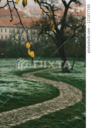 Winding Path That Leads Through a Beautiful Misty Landscape Abundant in Nature 121857380