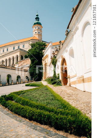 The courtyard of the castle in Mikulov na Moravia The courtyard of the castle in Mikulov na Moravia 121857381