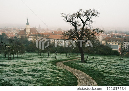 Serene Foggy Morning Over a Charming and Picturesque Town Surrounded in Prague Serene Foggy Morning Over a Charming and Picturesque Town Surrounded in Prague 121857384
