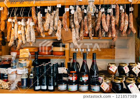 Farm shop of sausages, wine and cheeses in the Czech Republic Farm shop of sausages, wine and cheeses in the Czech Republic 121857389