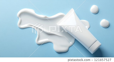 A tube of white cream on a blue background, the cream is melting and swirling around the container 121857527