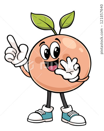Funny peach. Groovy retro cartoon style. Vector isolated illustration 121857640